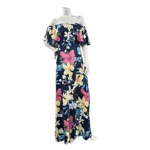 Women's Hawaiian Dress Off the Shoulder Navy Blue Pink Yellow Stretchy Maxi XL